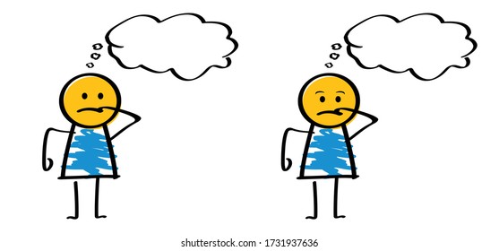 Think big or dream Happy smile stickman emoji icons Funny comic stick figures man, woman Vector communication emotions sign drawing talking cartoon person Speech bubble cloud Chat thinking idea