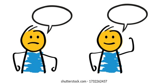 Think big or dream Happy smile stickman emoji icons Funny comic stick figures man, woman Vector communication emotions sign drawing talking cartoon person Speech bubble cloud meeting or chat thinking