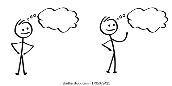 Think big or dream Happy smile stickman emoji icons Funny comic stick figures man, woman Vector communication emotions sign drawing talking cartoon person Speech bubble cloud  Chat thinking idea