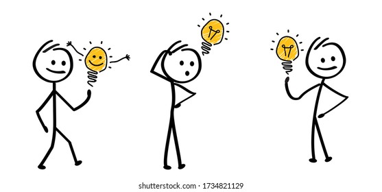 Think big idea lamp, faq Happy smile stickman emoji icons Funny comic stick figures man, woman Vector communication emotions sign drawing talking cartoon person Thinking ideas brain, light bulb 