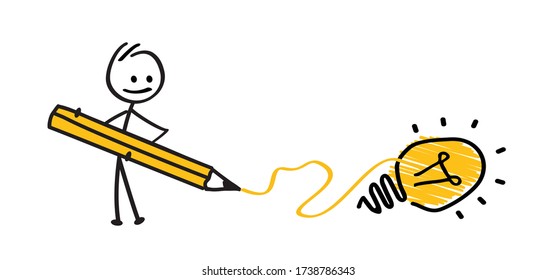 Think big idea lamp, faq Happy smile stickman emoji icons Funny comic stick figures man, woman Vector communication emotions sign drawing talking cartoon person Thinking ideas brain, light bulb  
