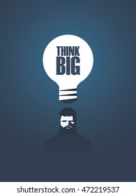 Think big metaphor motivational vector illustration poster with hipster and lightbulb over head. Creativity symbol. Eps10 vector illustration.