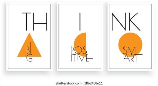 Think big, think positive, think smart, vector. Scandinavian minimalist three pieces poster design in frame. Motivational, inspirational, life quote. Positive thoughts, affirmations. Wall art, artwork