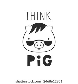 Think big quote. Motivational inspirational lettering phrase with a pig. Humor and amusing saying. Cute animal. Funny card black and white vector illustration.