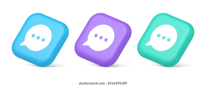 Think bubble chat button online dialogue social network communication 3d realistic blue purple and green icons. Thought balloon discussion alert notification text message web app