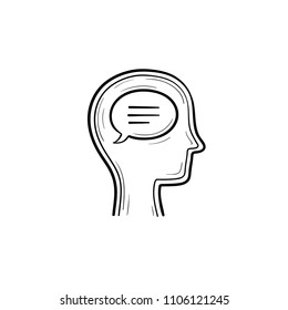 Piense en burbuja en humanos la cabeza dibujó el símbolo del doodle. La mente y el cerebro del ser humano, la ilustración de un boceto vectorial de monólogo interior para imprimir, web, móviles e infografías sobre el fondo blanco.