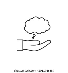 Piensa en el estilo de línea de icono de burbuja en mano aislado en fondo blanco. Ilustración del vector
