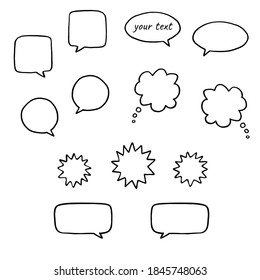 Think bubbles in doodle style. Cloud chat. Isolated vector clouds set for dialogue on white background. Hand drawn.