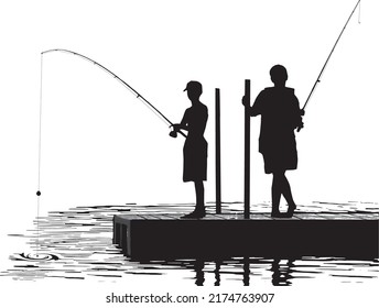 Zwei Jungen fischen im Sommer von einem Dock in einem See.