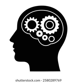 Think Concept Design. Human head with gears inside, symbolizing technology, engineering, and innovation. Cogwheel mechanics integrated into the brain for problem solving and creativity.
