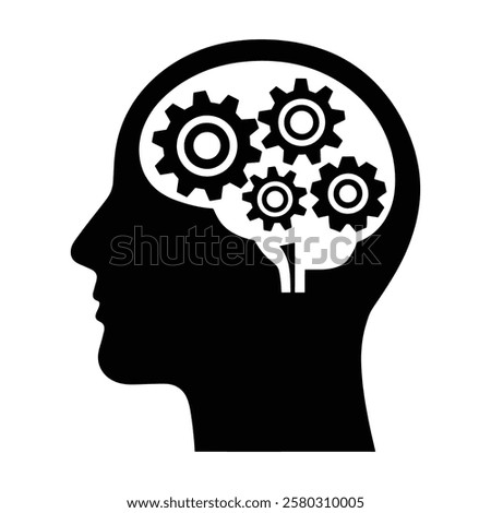 Think Concept Design. Human head with gears inside, symbolizing technology, engineering, and innovation. Cogwheel mechanics integrated into the brain for problem solving and creativity.
