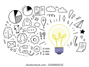 Think concept doodle wallpaper on white background. idea creative. Vector illustration