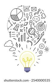 Think concept doodle wallpaper on white background. idea creative. Vector illustration