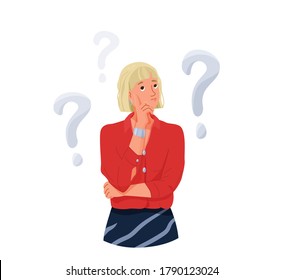 Think concept vector background. Thoughtful blond woman looking up thinking about solve problem. Question sign marks. Illustration of idea brainstorm isolated on white.