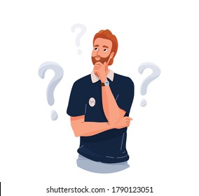 Think concept vector background. Thoughtful red man with beard looking up thinking about solve problem. Question sign marks. Illustration of idea brainstorm isolated on white.