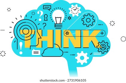 Think creative brain concept banner with line art icons of ideas logic and human intelligence in blue and yellow