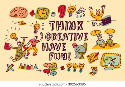 Think creative fun doodles people color. Doodles people and objects about fun creative business. Color vector illustration. EPS 8.