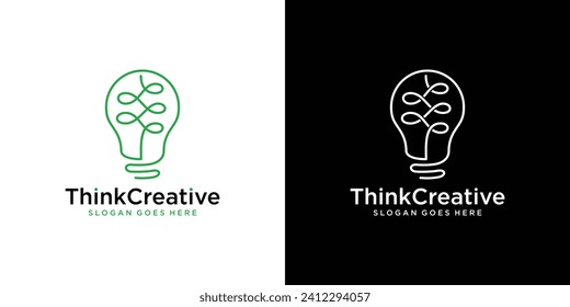 Think Creative Logo. Lightbulb Nature, Connected, Electricity with Linear Outline Style. Brain Logo Icon Symbol Vector Design Template.