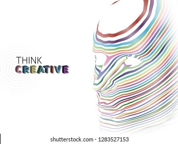 Think Creative Vector Background - 3D Head with Colored Stripes Illustration