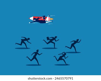 Think creatively and differently. Businessman flying with rocket pencil opposite others