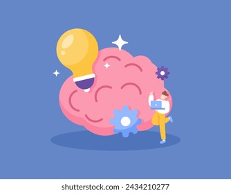 think creatively. have ideas and solutions. innovative, creative, smart and solutions. a worker with a brilliant mind. employees use laptops with lights and big brains. flat style illustration concept