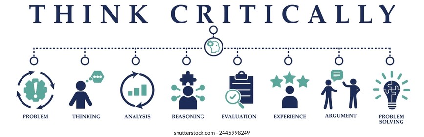 Think critically banner web solid icons. Vector illustration concept including icon of problem, thinking, analysis, reasoning, evaluation, experience, argument and problem solving