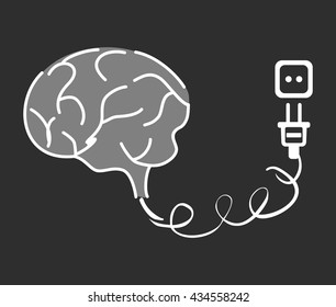 Think design with human brain connected to electrical outlet on solid black background. Vector Illustration.