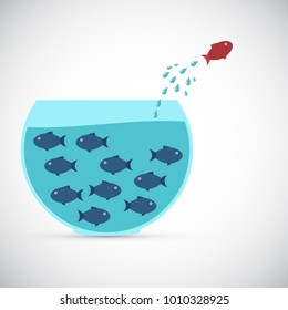 Think different business concept illustration, fish jumping outside the aquarium. New idea, change, trend, courage, creative solution, innovation and unique way concept.