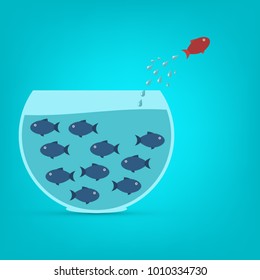 Think different business concept illustration, fish jumping outside the aquarium. New idea, change, trend, courage, creative solution, innovation and unique way concept.