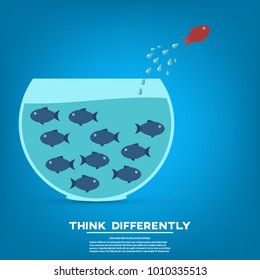 Think different business concept illustration, fish jumping outside the aquarium. New idea, change, trend, courage, creative solution, innovation and unique way concept.