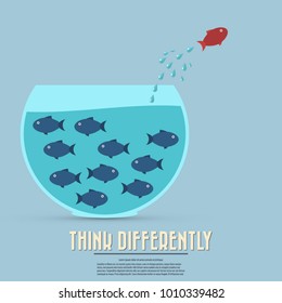 Think different business concept illustration, fish jumping outside the aquarium. New idea, change, trend, courage, creative solution, innovation and unique way concept.