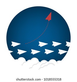 Think different business concept illustration, Red airplane changing direction and white ones. New idea, change, trend, courage, creative solution, innovation and unique way concept.