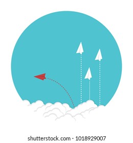 Think different business concept illustration, Red airplane changing direction and white ones. New idea, change, trend, courage, creative solution, innovation and unique way concept.
