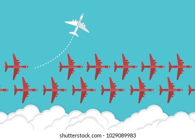 Think different business concept illustration, White airplane changing direction and red ones. New idea, change, trend, courage, creative solution, innovation and unique way concept.