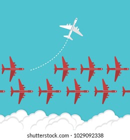 Think different business concept illustration, White airplane changing direction and red ones. New idea, change, trend, courage, creative solution, innovation and unique way concept.