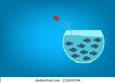 Think different business concept illustration, fish jumping outside the aquarium