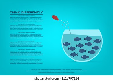 Think different business concept illustration, fish jumping outside the aquarium