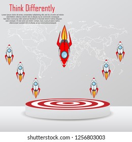Think different business concept illustration, Red rocket changing direction and white ones. New idea, change, trend, courage, creative solution, innovation and unique way concept.