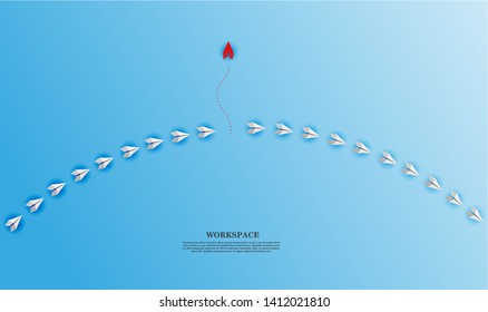 Think different business concept illustration, Red airplane changing direction and blue ones. New idea, change, trend, courage, creative solution, innovation and unique way concept.
