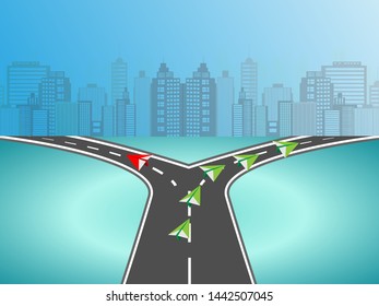 Think different business concept illustration, Red airplane changing direction and green ones. New idea, change, trend, courage, creative solution, innovation and unique way concept.
