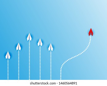 Think different business concept illustration, Red airplane changing direction and white ones. New idea, change, trend, courage, creative solution, innovation and unique way concept.
