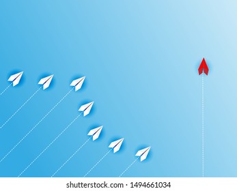 Think different business concept illustration, Red airplane changing direction and white ones. New idea, change, trend, courage, creative solution, innovation and unique way concept.
