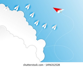 Think different business concept illustration, Red airplane changing direction and white ones. New idea, change, trend, courage, creative solution, innovation and unique way concept.
