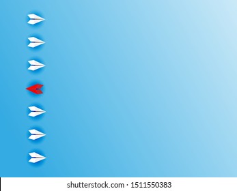 Think different business concept illustration, Red airplane changing direction and white ones. New idea, change, trend, courage, creative solution, innovation and unique way concept.