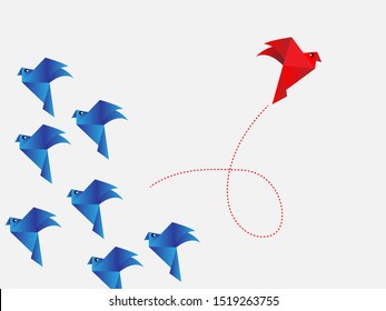 Think different business concept illustration, Red bird changing direction and blue ones. New idea, change, trend, courage, creative solution, innovation and unique way concept.
