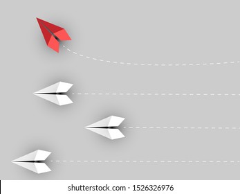 Think different business concept illustration, Red airplane changing direction and white ones. New idea, change, trend, courage, creative solution, innovation and unique way concept.
