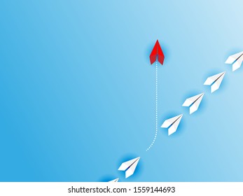 Think different business concept illustration, Red airplane changing direction and white ones. New idea, change, trend, courage, creative solution, innovation and unique way concept.
