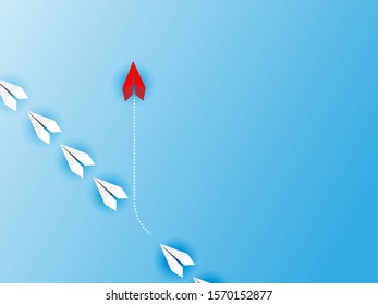 Think different business concept illustration, Red airplane changing direction and white ones. New idea, change, trend, courage, creative solution, innovation and unique way concept.
