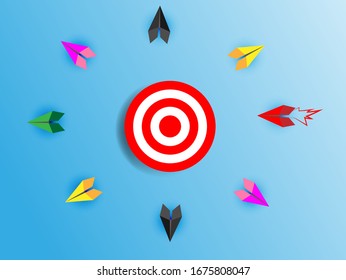 Think different business concept illustration, Red airplane changing direction and colors ones. New idea, change, trend, courage, creative solution, innovation and unique way concept.
