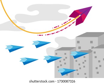 Think different business concept illustration, Red airplane changing direction and white ones. New idea, change, trend, courage, creative solution, innovation and unique way concept.
